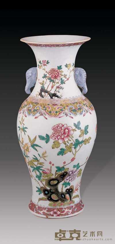 民国 粉彩花卉象耳瓶 高45cm